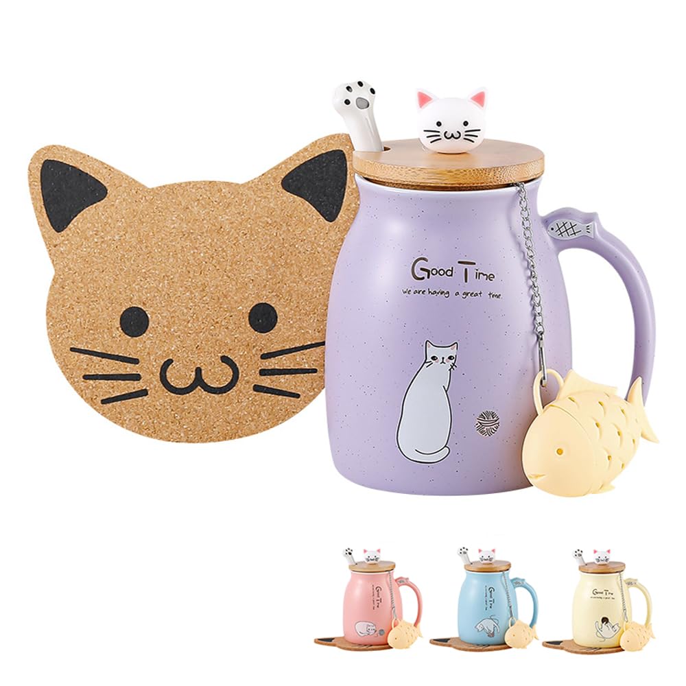 Cat Mug Kawaii Tea Cup with Infuser and Lid Purple Cat Ceramic Coffee Mug Cute Cool Preppy Stuff Birthday Gifts for Mom Gifts for Women Girlfriend Girls Cat Lover Gifts