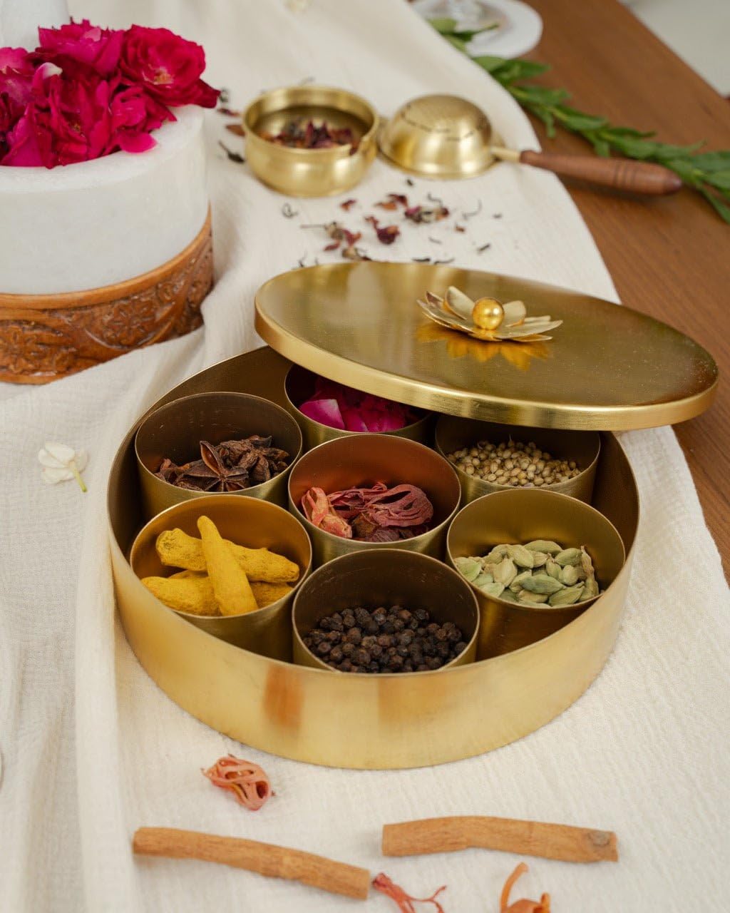 Marble Lotus Handcrafted Brass Masala Dabba