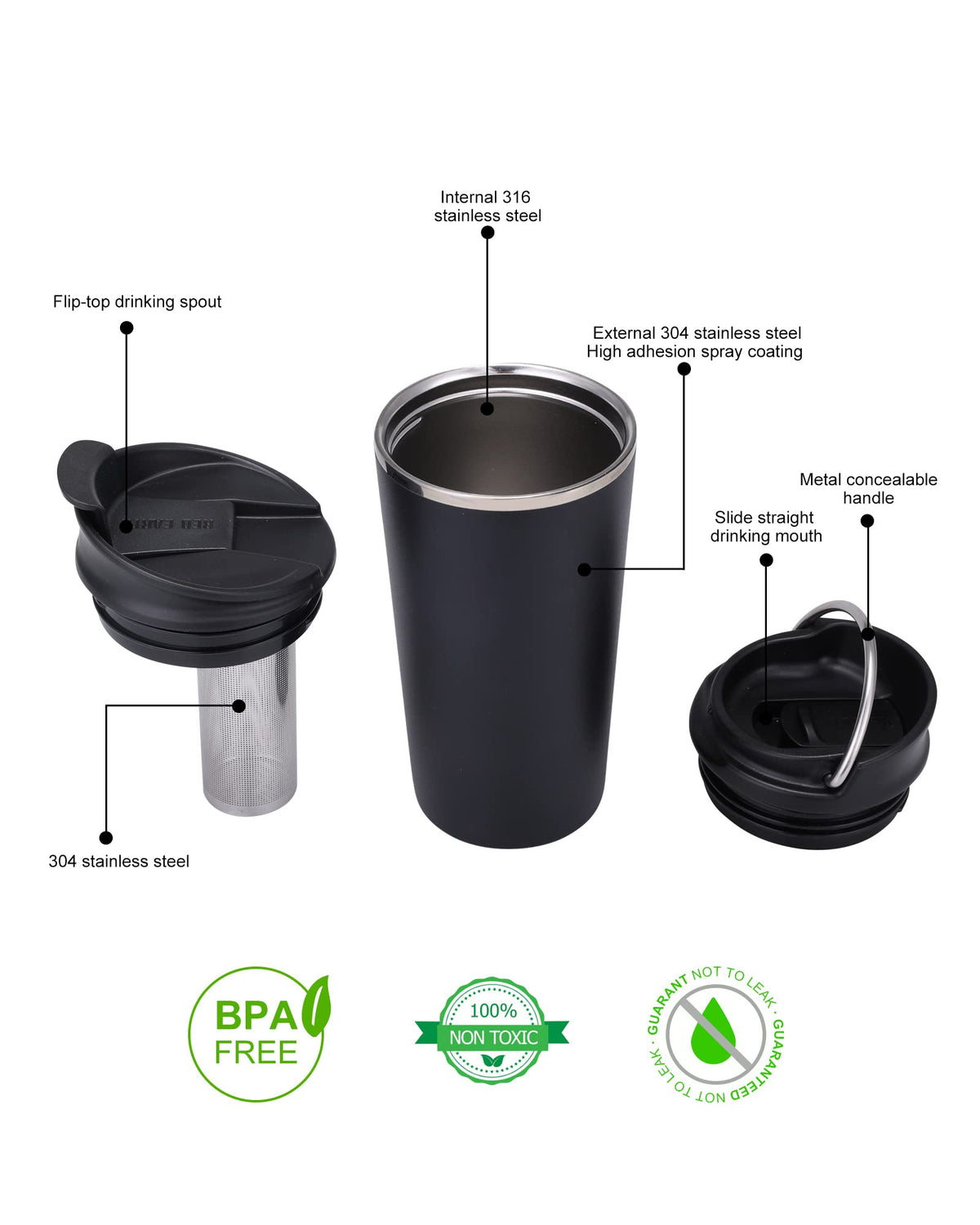 17oz Travel Mug with Infuser and Two Lids. Vacuum Insulated 316 Stainless Steel Coffee Mug. Dishwasher Safe Mug with Tea Strainer for Hot and Cold Brew Coffee or Tea