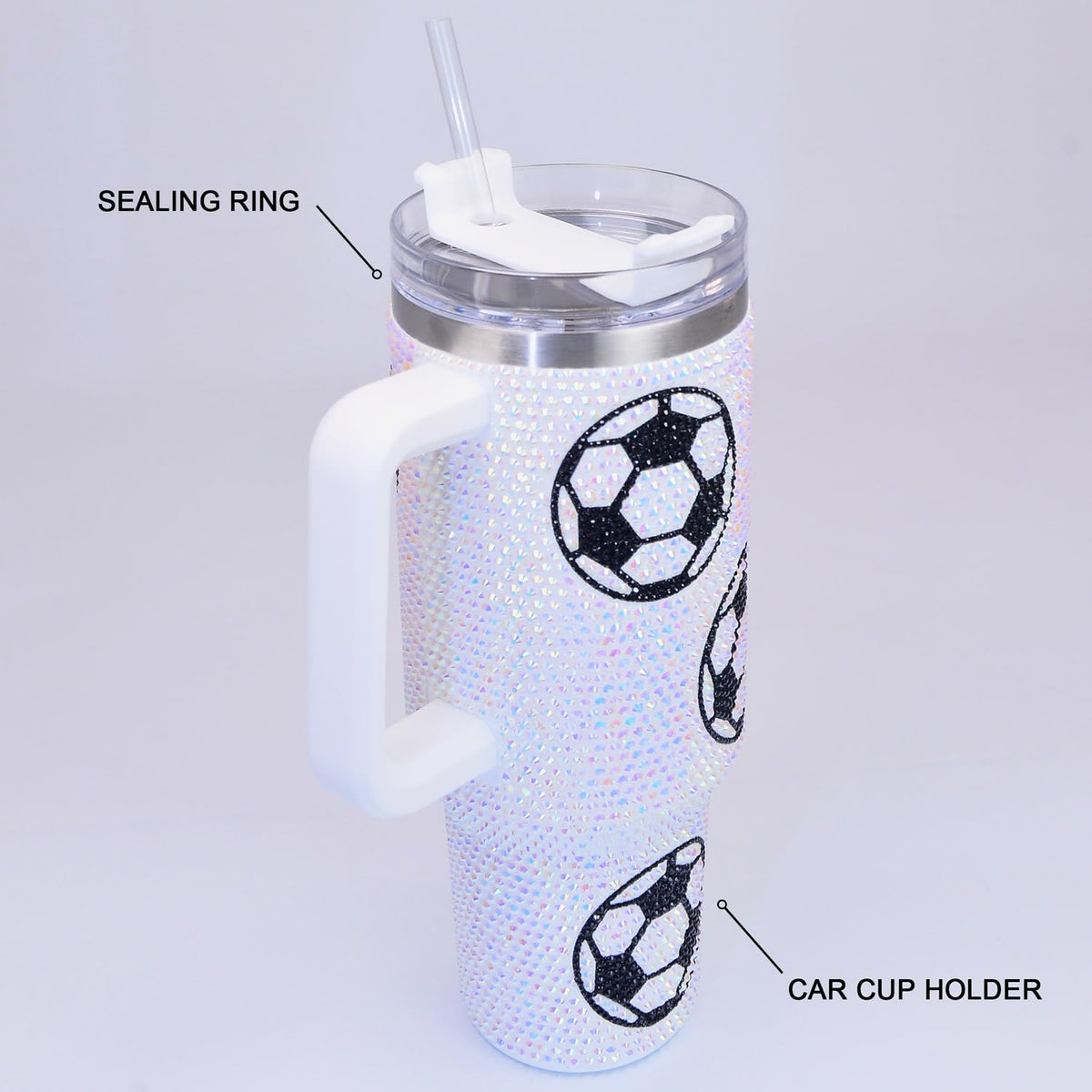 40 oz Bling Rhinestone Tumbler with Handle and Straw Soccer Cup