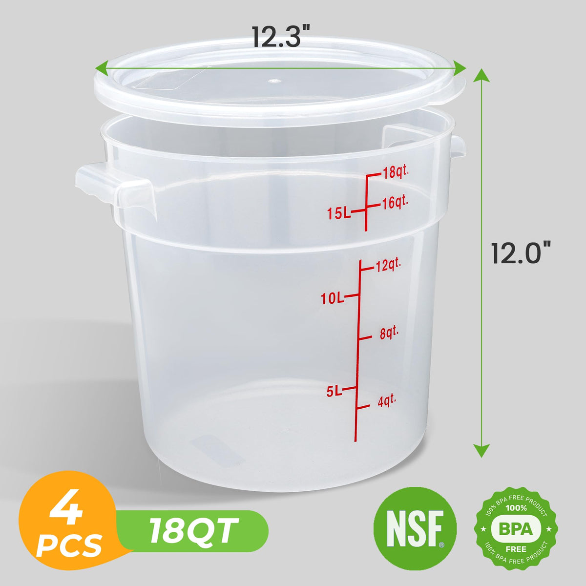 4 Pack 18 Qt Round Food Storage Containers with Lids (4 Count)