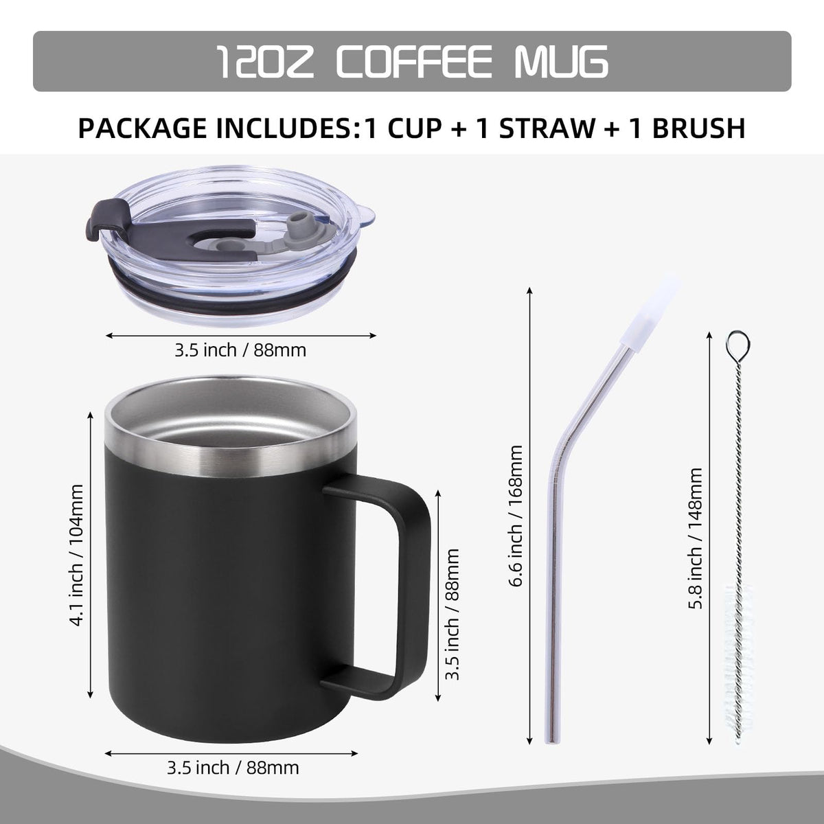 12oz Insulated Leakproof Coffee Mug with Flip & Straw Lid Bulk 8 Pack (8 Count)