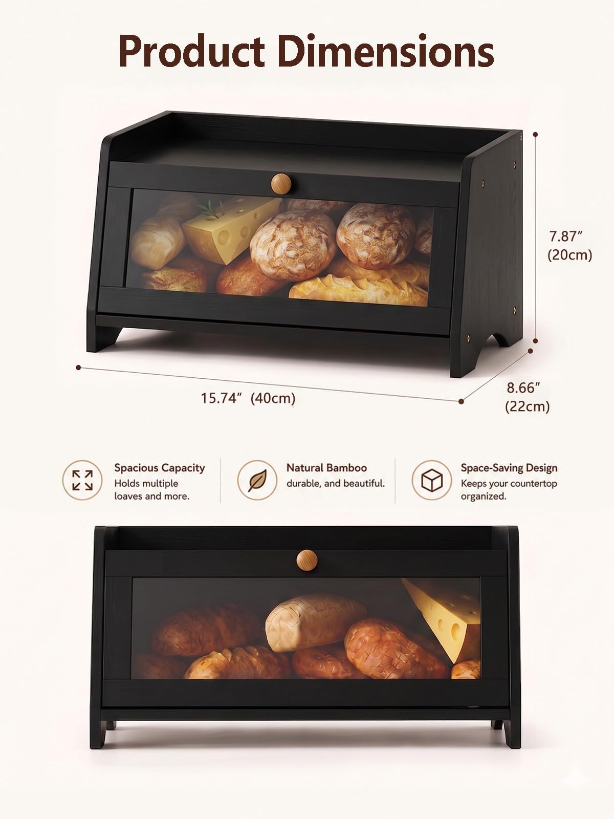 Black Bread Box for Kitchen Countertop