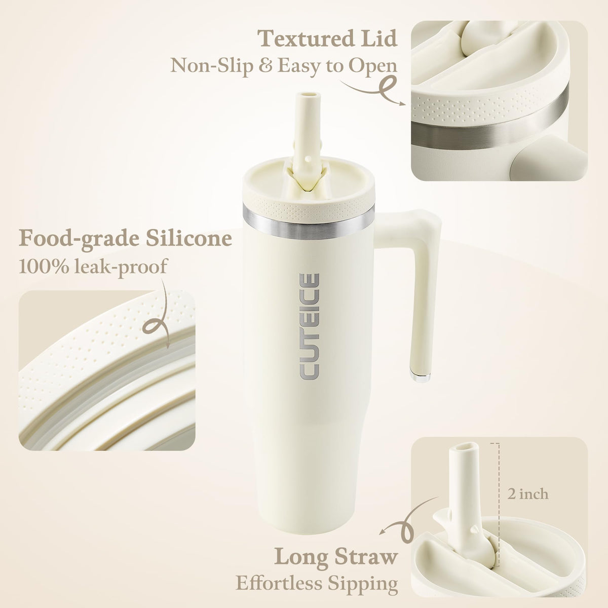 Cream 30 oz Insulated Tumbler with Handle Coffee Tumbler Cups with Lid and Straw