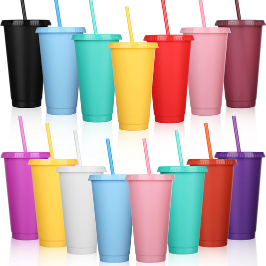 15 Pack Plastic Cups with Lids Straws