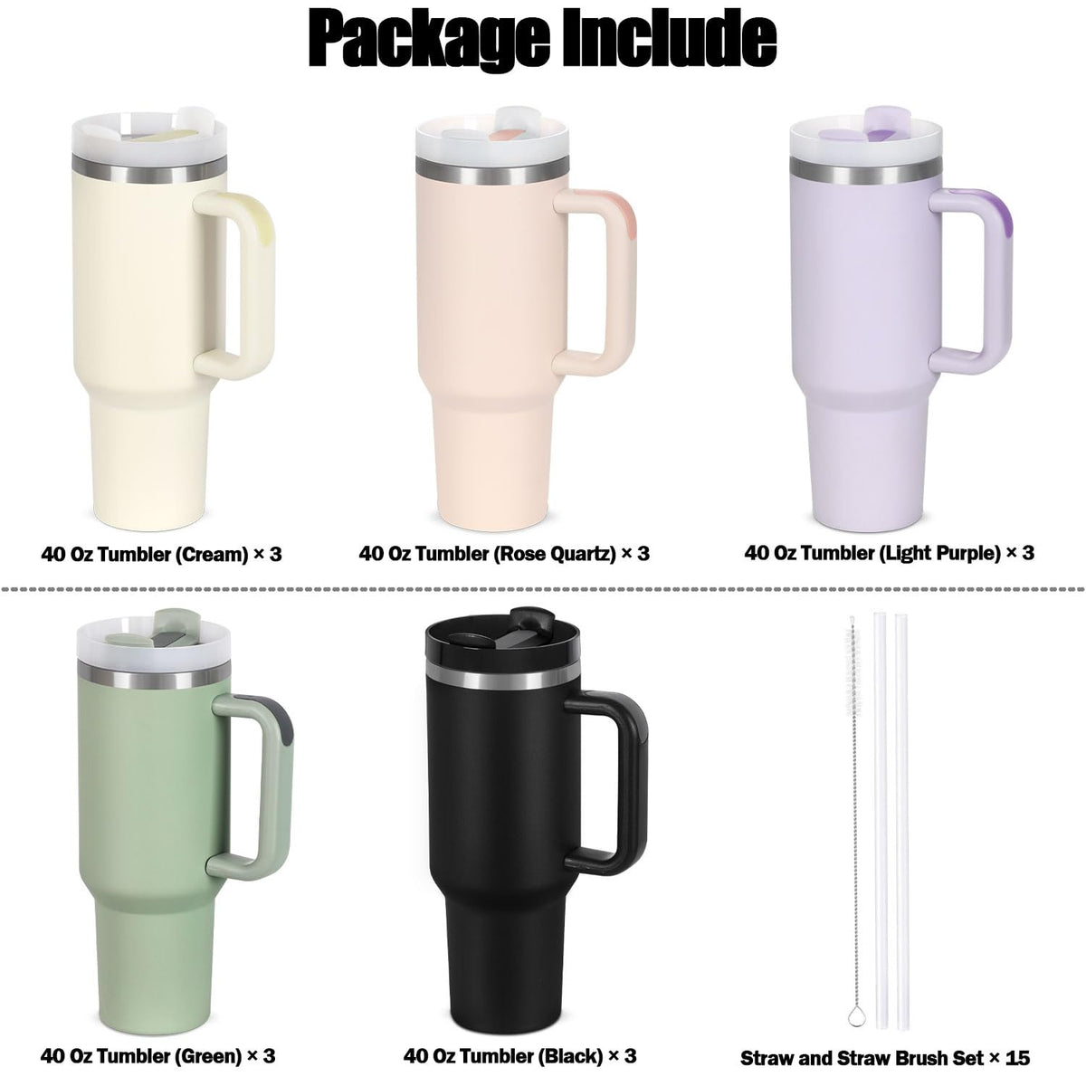15 Pack 40 Oz Tumbler with Handle and Straw Bulk (20 Count)