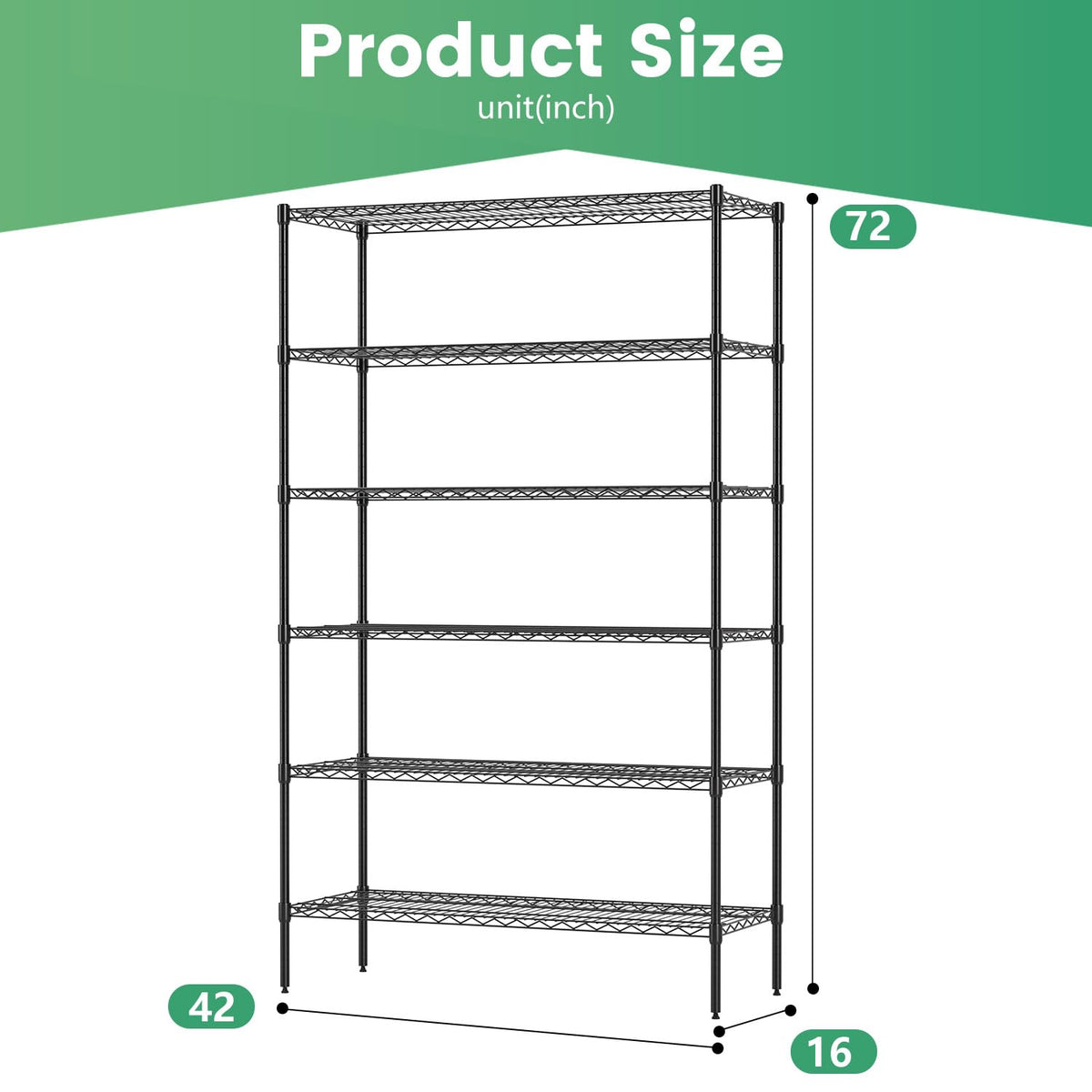 16" D×42" W×72" H Wire Shelving Unit Commercial Metal Shelf with 6 Tier Adjustable Layer Rack Strong Steel for Restaurant Garage Pantry Kitchen Garage