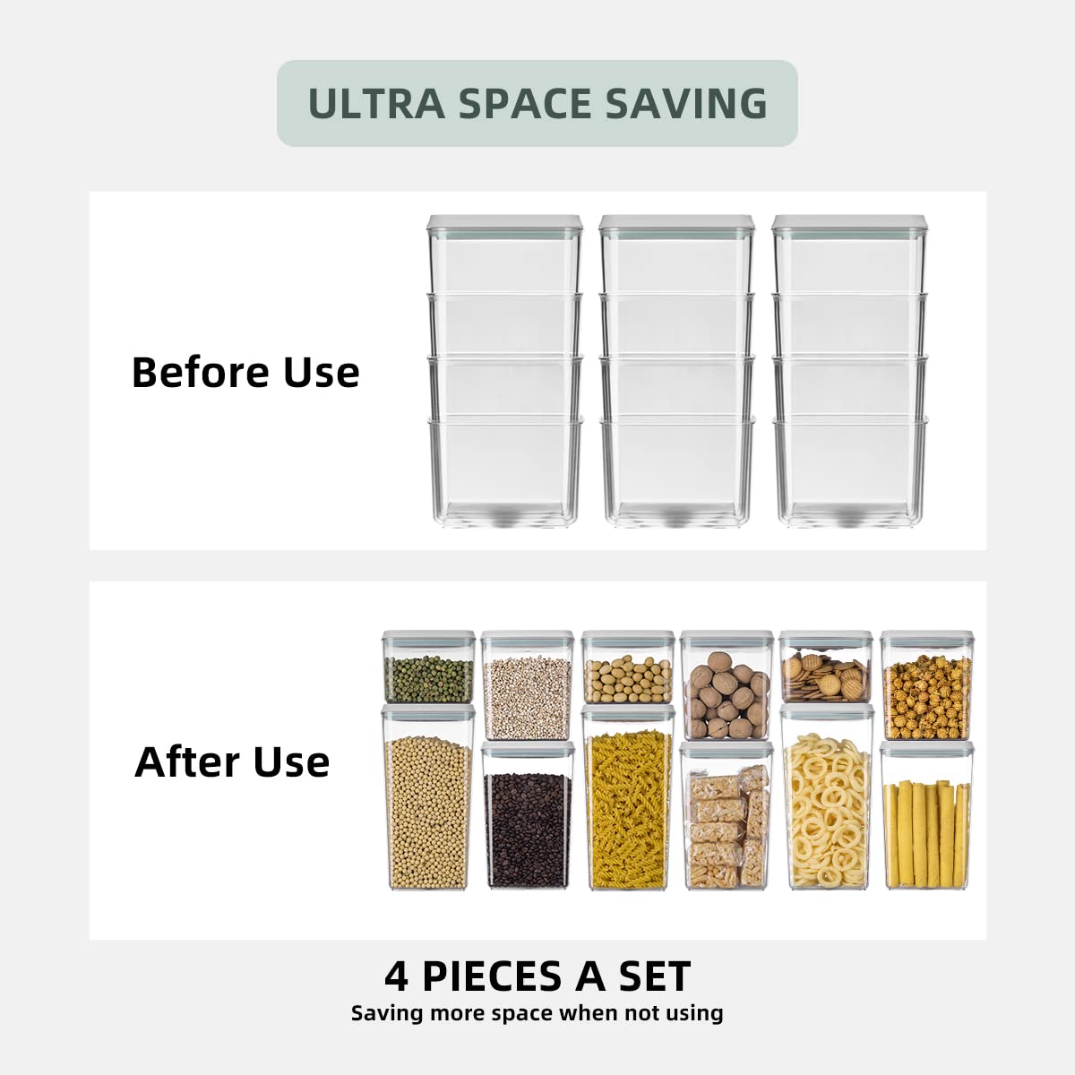 8 Piece Set of Pop Airtight Food Storage Containers with Lids Stackable Containers for Kitchen Pantry Organization Ideal for Cereal Snacks Flour Sugar Coffee and Spaghetti