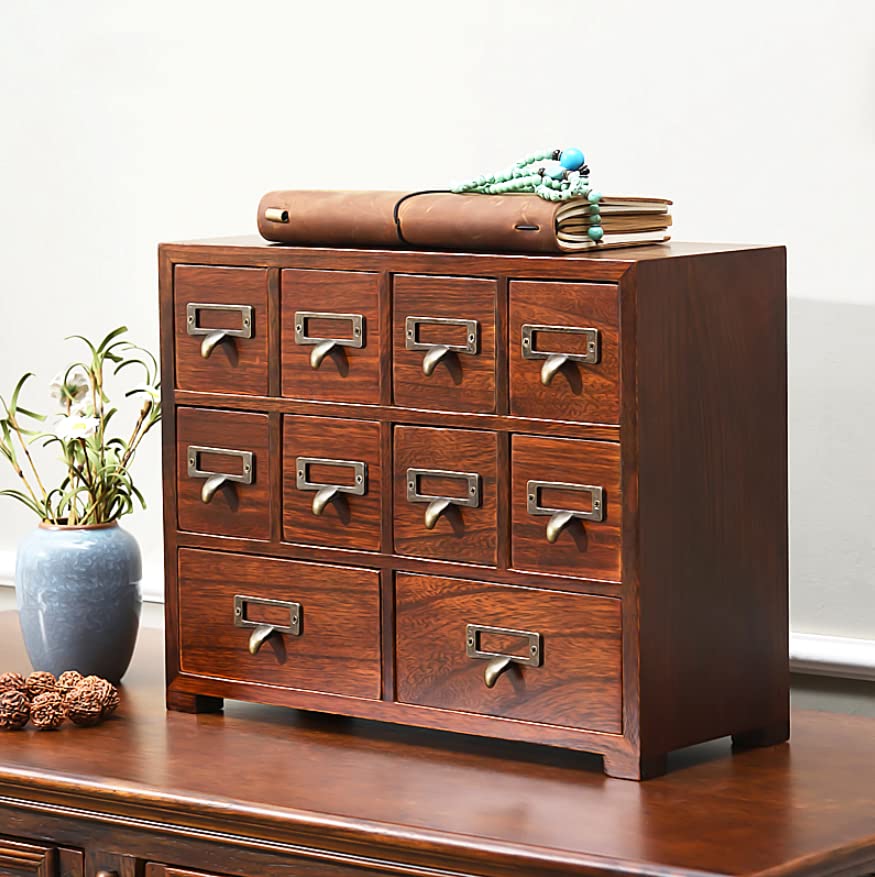 Traditional Card Catalog Solid Wood Small Chinese Medicine Small Curio Cabinet l Vintage Retro Look Tea Storage Organizer Apothecary Drawer Dresser l Modern Gadget Coffee Shelf