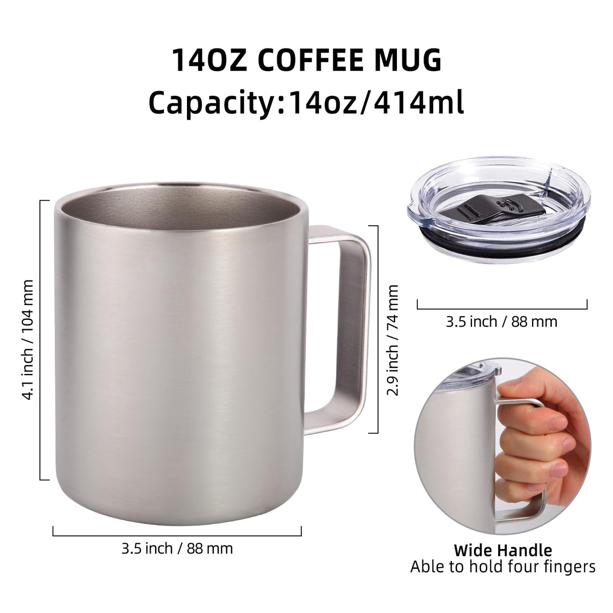 14oz Insulated Stainless Steel Coffee Mug with Lid Bulk 4 Pack (4 Count)