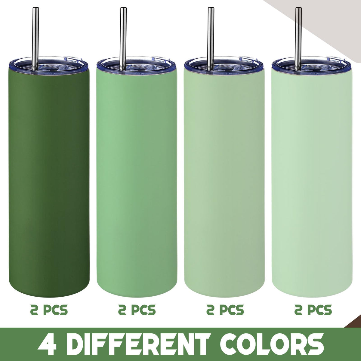 8 Pcs Sage Green Tumbler 20oz Travel Coffee Mugs with Lid and Straw Insulated Stainless Steel Tumblers Double Wall Vacuum Skinny Water Bottle for Coffee Beverage Hot & Iced Drinks (8 Count)