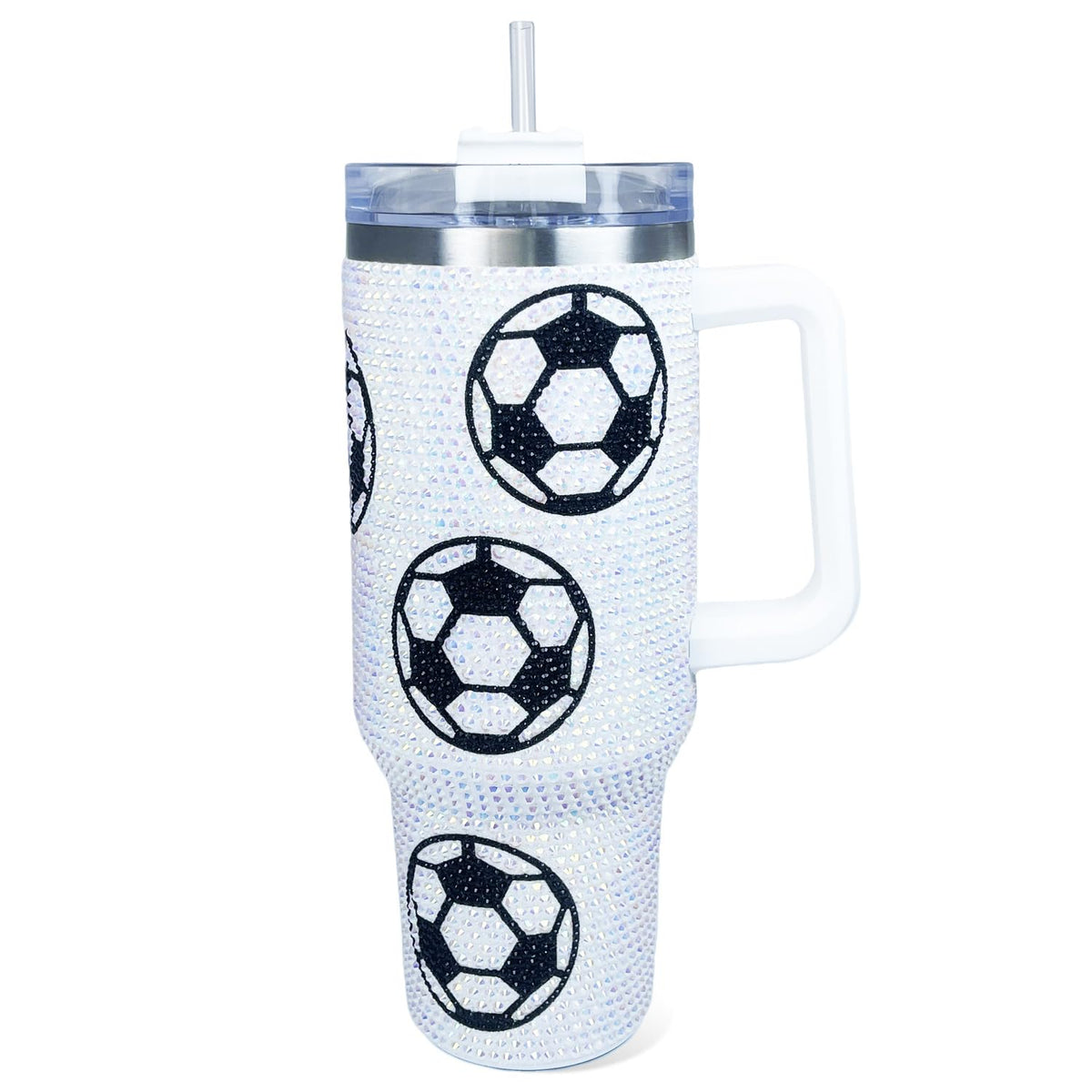 40 oz Bling Rhinestone Tumbler with Handle and Straw Soccer Cup