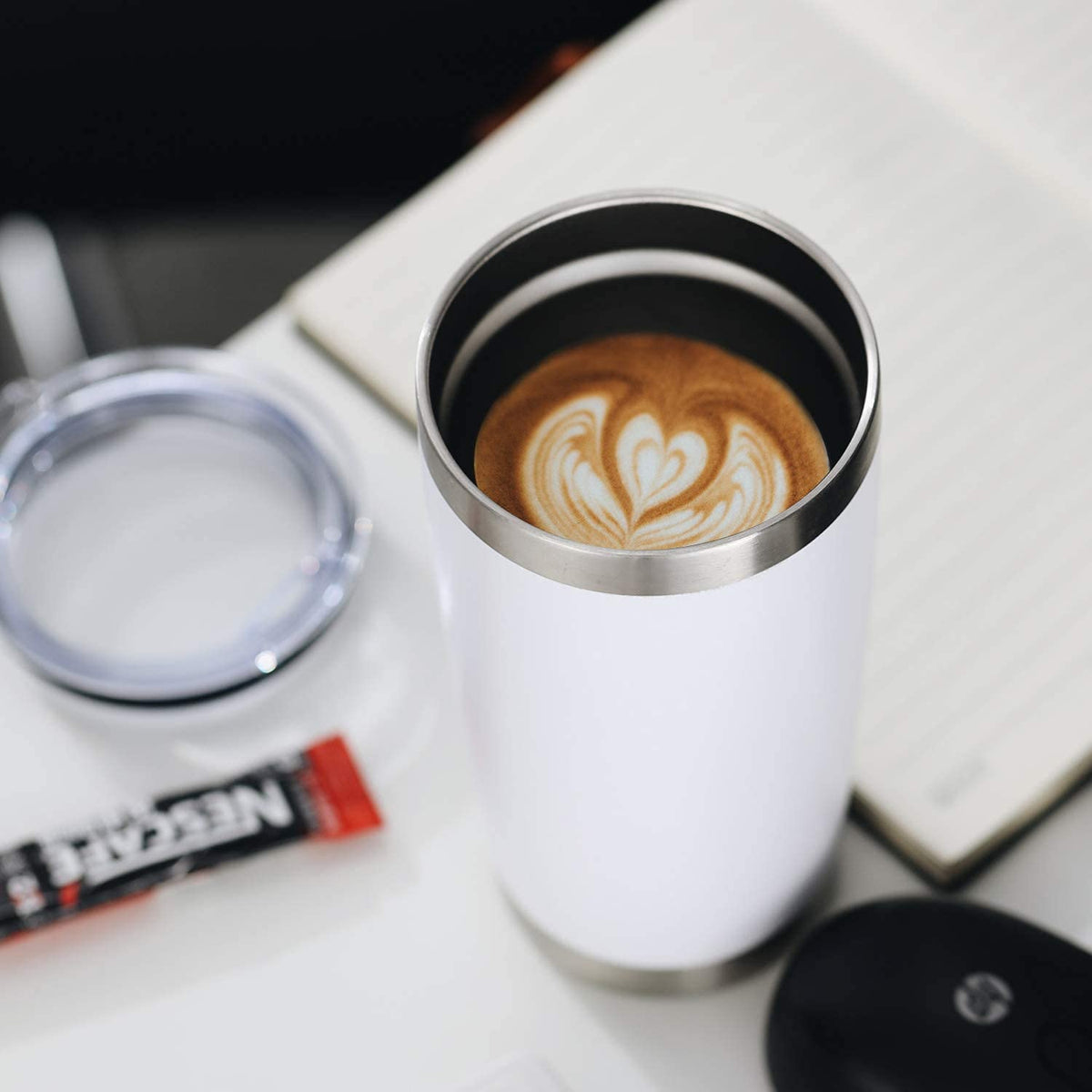 20oz White Tumbler Bulk with Straw Stainless Steel Insulated Coffee Tumbler Cups Double Wall Vacuum Travel Coffee Mug with Splash Proof Sliding Lid for Hot Cold Drinks (4 Count)