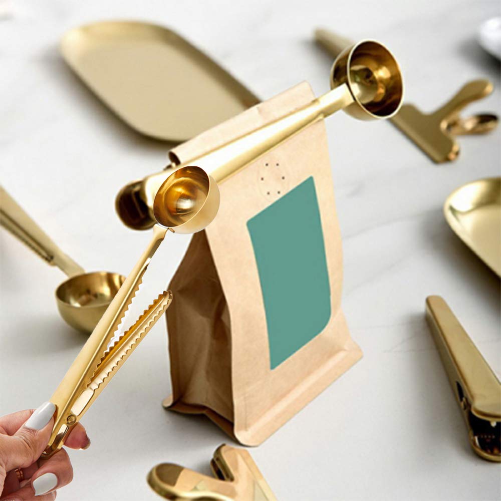 10 PCS Gold Coffee Scoop Clip 2 in 1 Stainless Steel Measuring Spoon