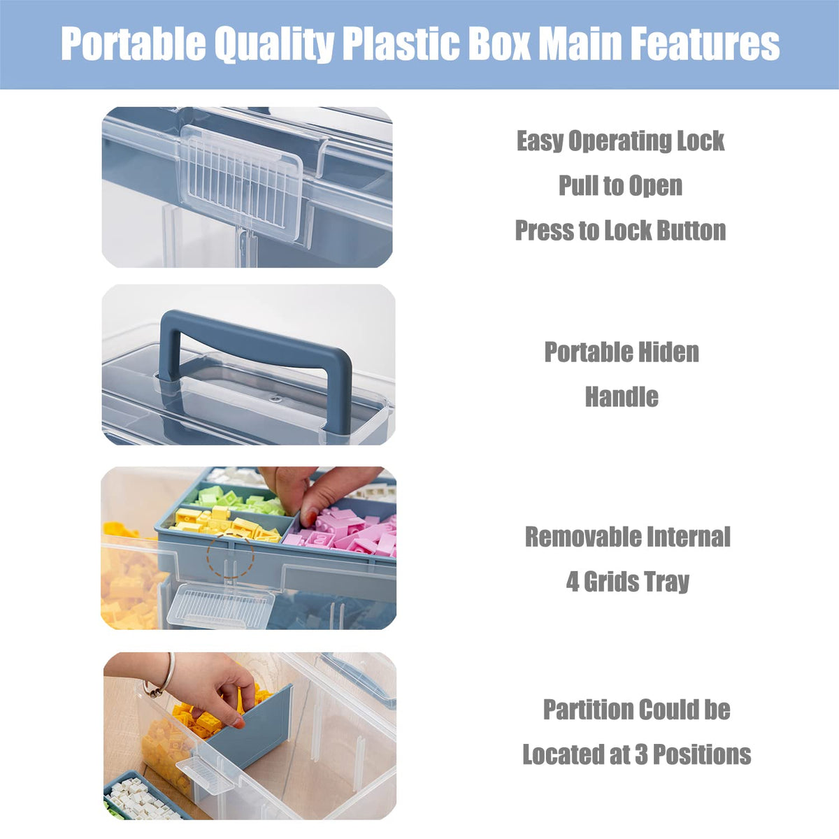 Clear Plastic Arts & Craft Supplies Organizer Box Large with a Removable Tray & A Partition & Handle