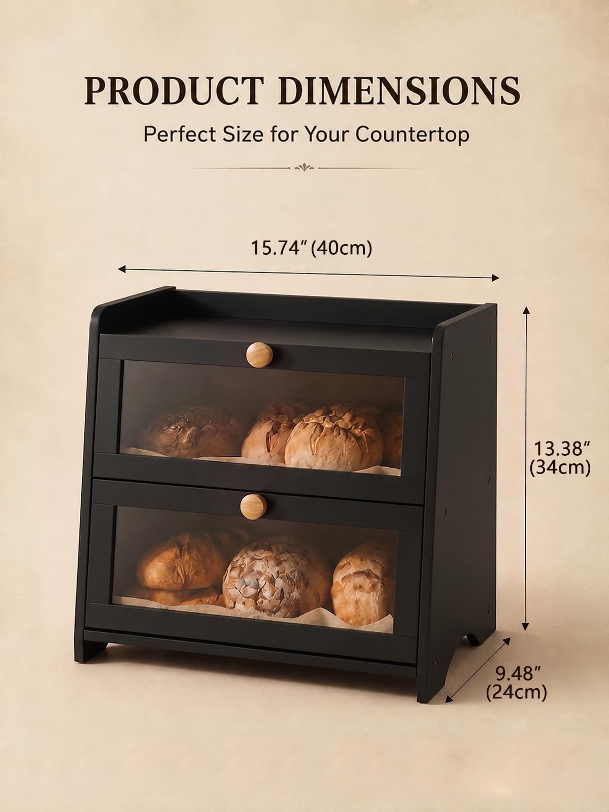 Black Bread Box for Kitchen Countertop