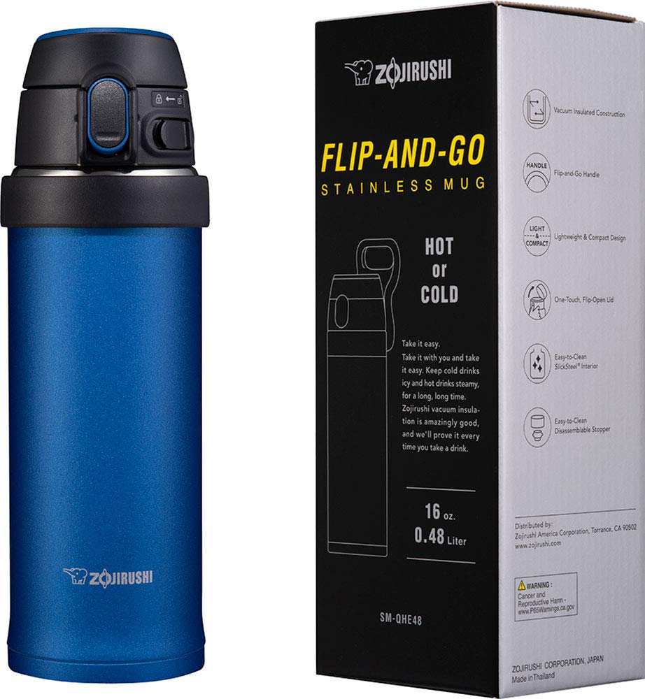 SM-QHE48AK, Flip-and-Go Stainless Mug, 16-Ounce, Cobalt Blue