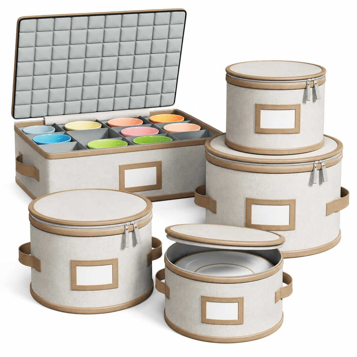 5 Piece Hard Shell China Storage Containers with Brown Leather Trim (5 Count)