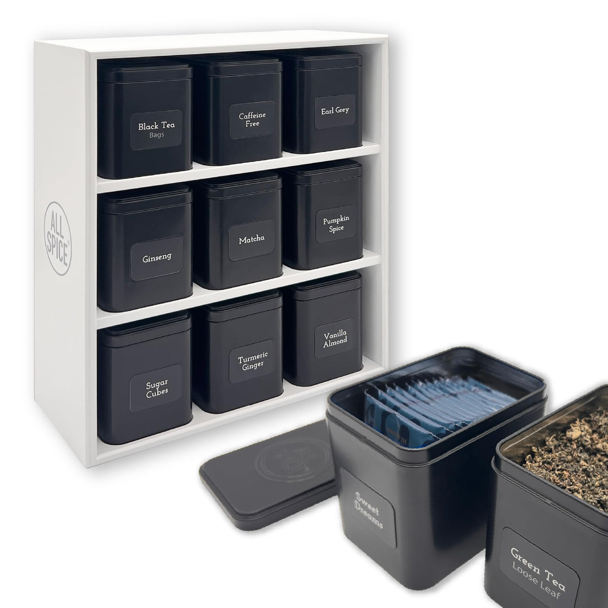 Tea Organizer Rack with 9 Tins & 160 Magnetic Labels