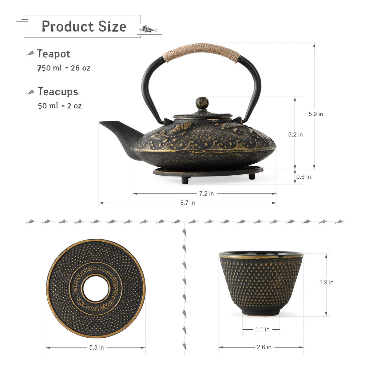 Koi Fish Cast Iron Teapot Set Stove Top 26 oz Tea Kettle with 4 Cups