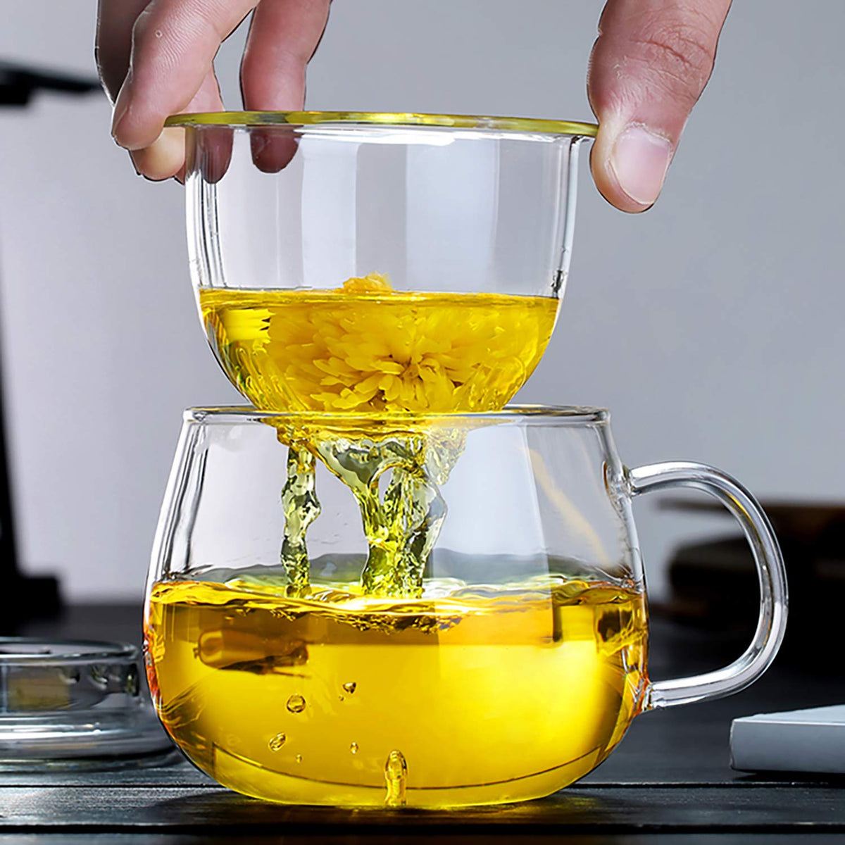 13oz Clear Glass Tea Infuser Cups wtih Filter Basket and Lid for Loose Leaf