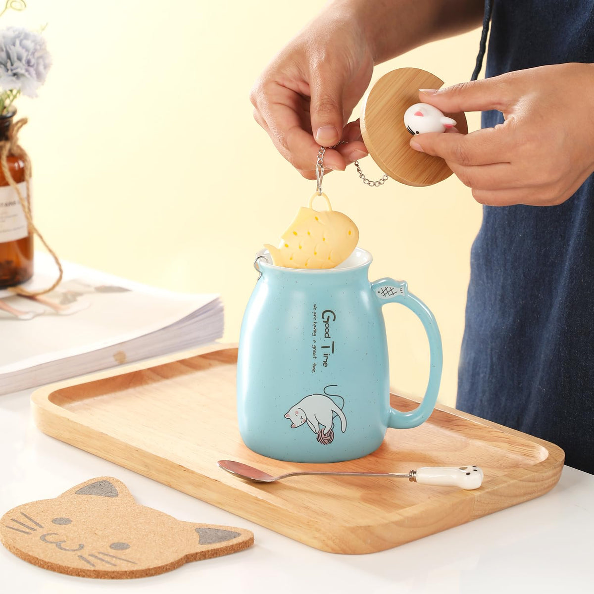 Cute Mugs Kawaii Cat Mug Ceramic Coffee Mug Tea Cup with Infuser and Lid Spoon Tea Mug Cute Cool Preppy Stuff Gifts for Women
