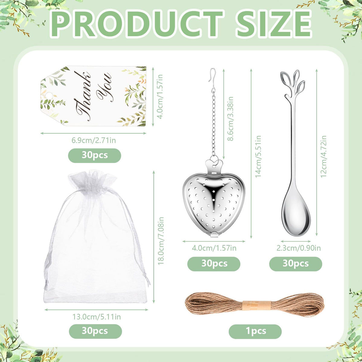 30 Sets Bridal Shower Tea Party Favor for Guests Leaf Tea Spoon Heart Tea Infuser for Loose Leaf Tea Steeper with Thank You Card Organza Bags for Wedding Gift Souvenirs Decoration
