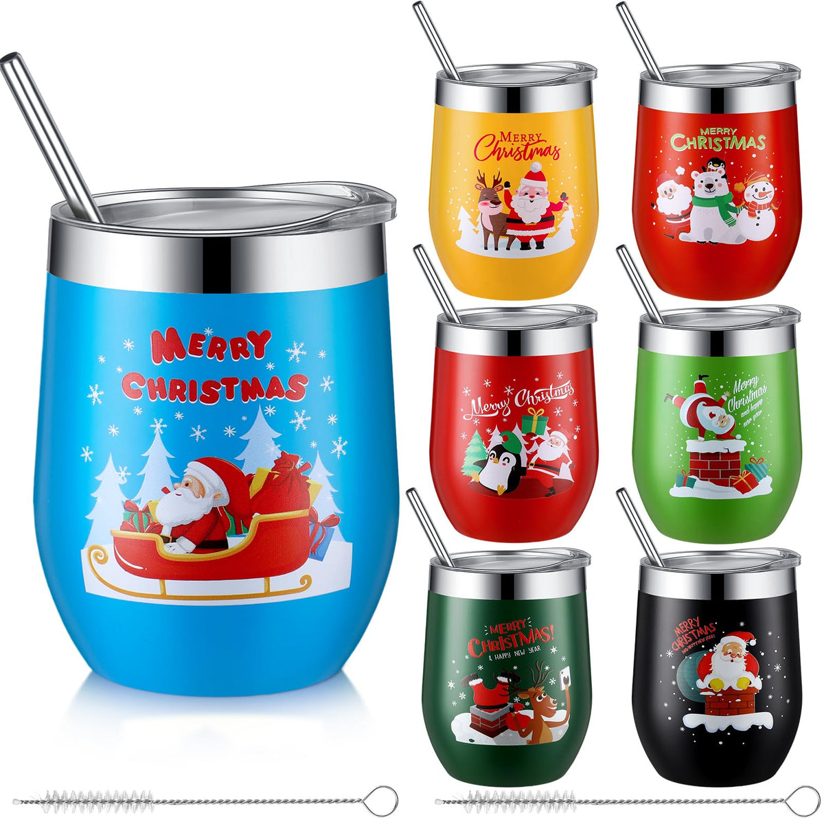 7 Set Christmas Wine Tumbler with Lid Straw Brush (7 Count)