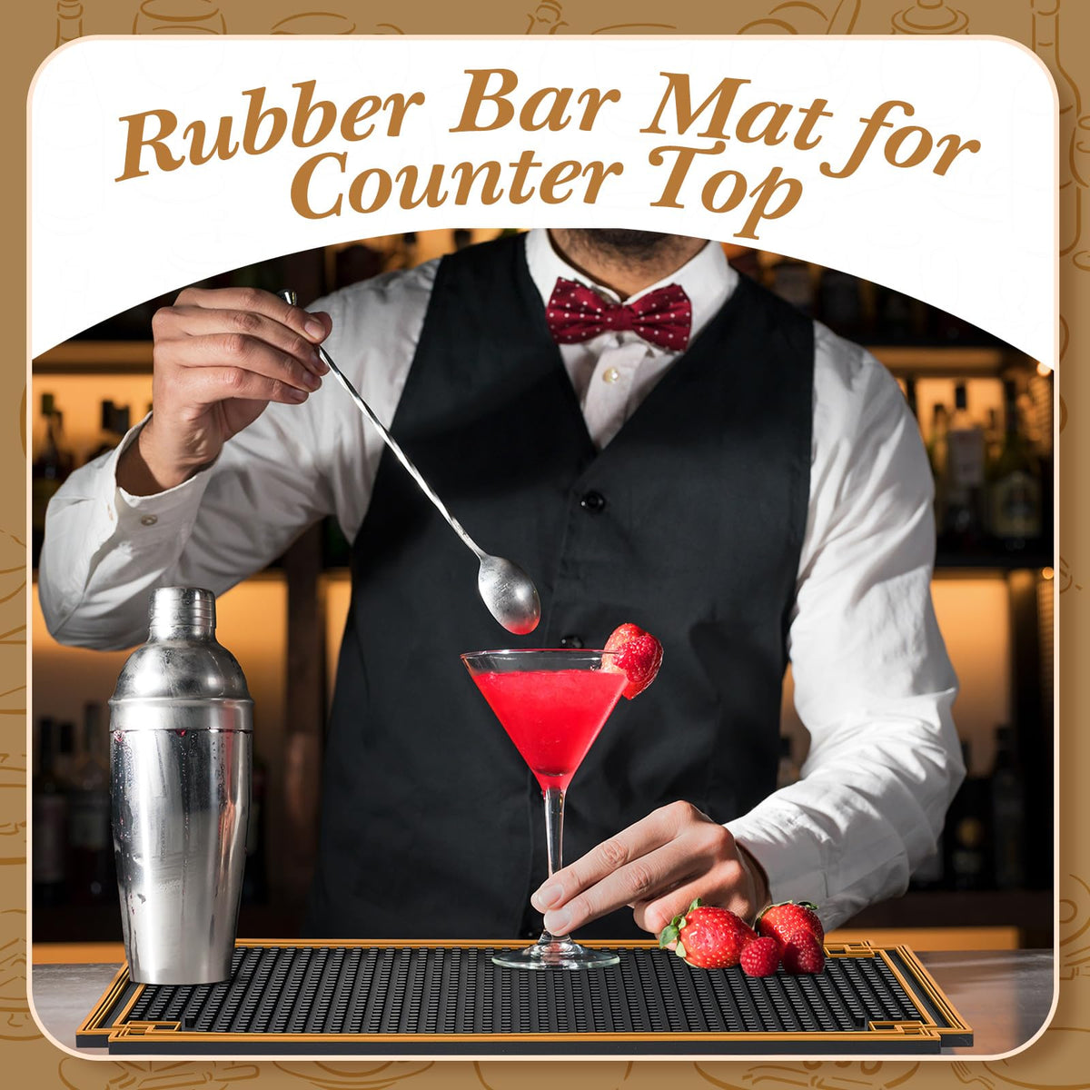 4 Pcs 24 x 4 Inch Bar Mat Non Slip Rubber Mat with Gold Border Durable Stylish Spill Cocktail Service Coffee Mats for Restaurants Barbershop Clippers Bartending (4 Count)