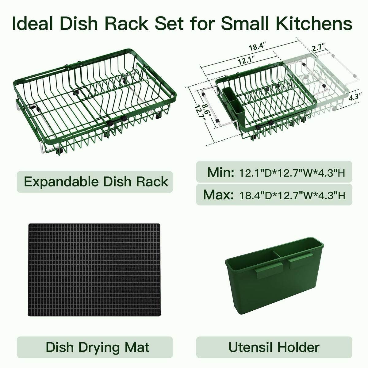 Green Dish Drying Rack Over The Sink with Utensil Holder