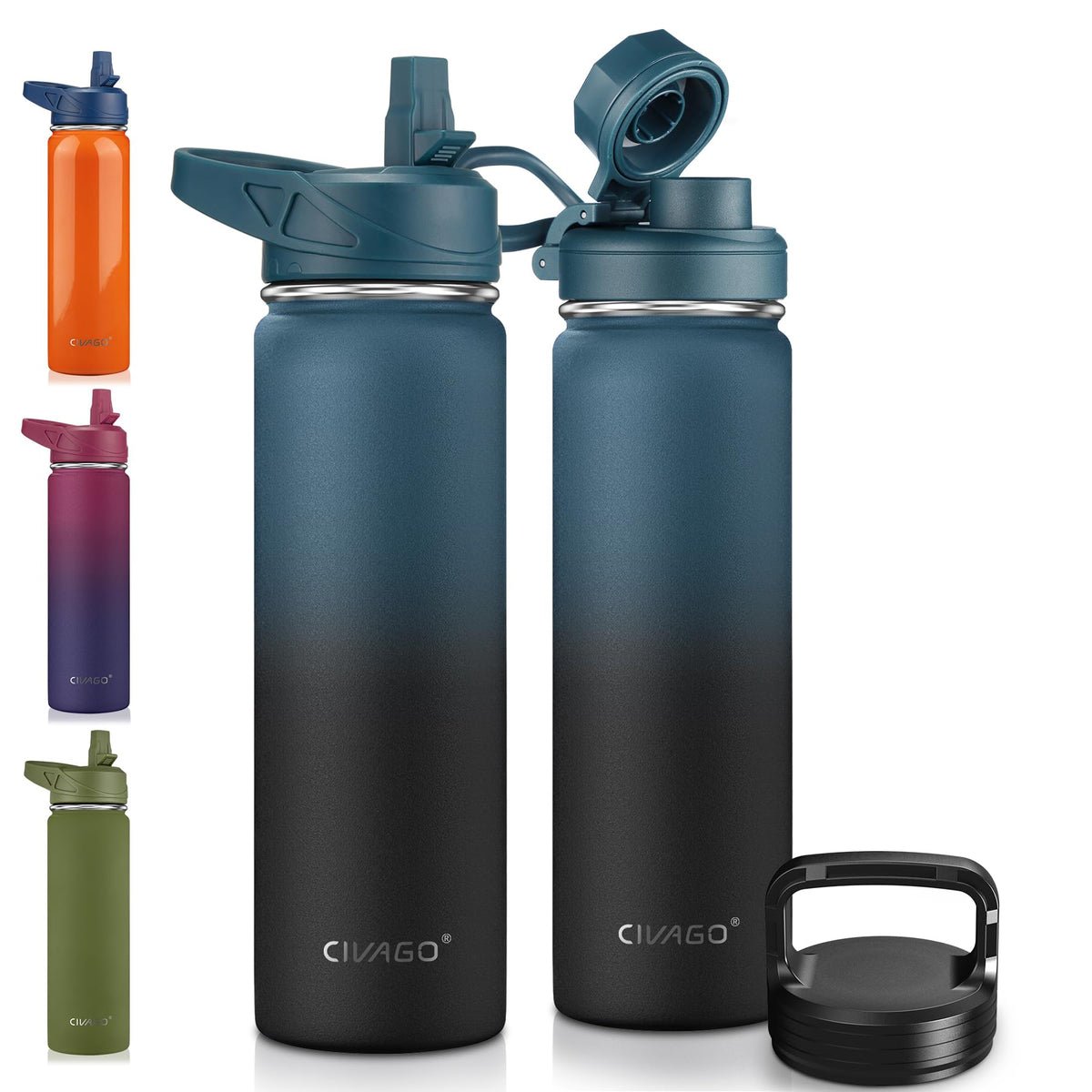 22 oz Insulated Stainless Steel Water Bottle With Straw and 3 Lids