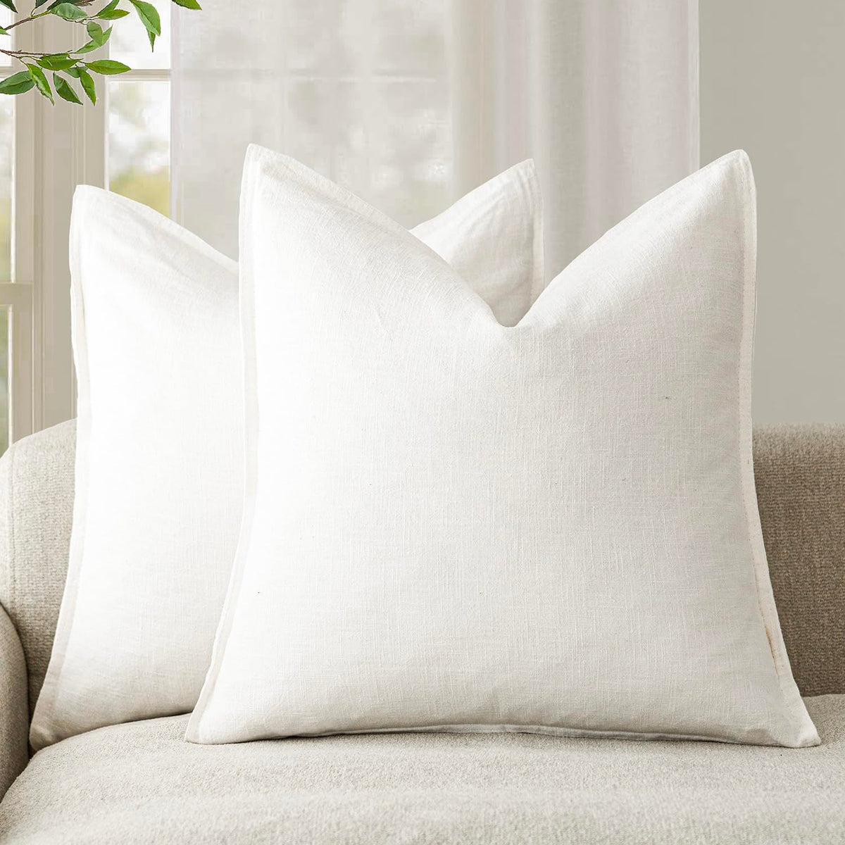 Pack of 2 Decorative Linen Soild Throw Pillow Covers Soft Accent Cushion Case Boho Farmhouse Neutral Pillowcase for Chair Couch Sofa Bedroom Living Room Home Decor 24 x 24 Inch Cream White (2 Count)