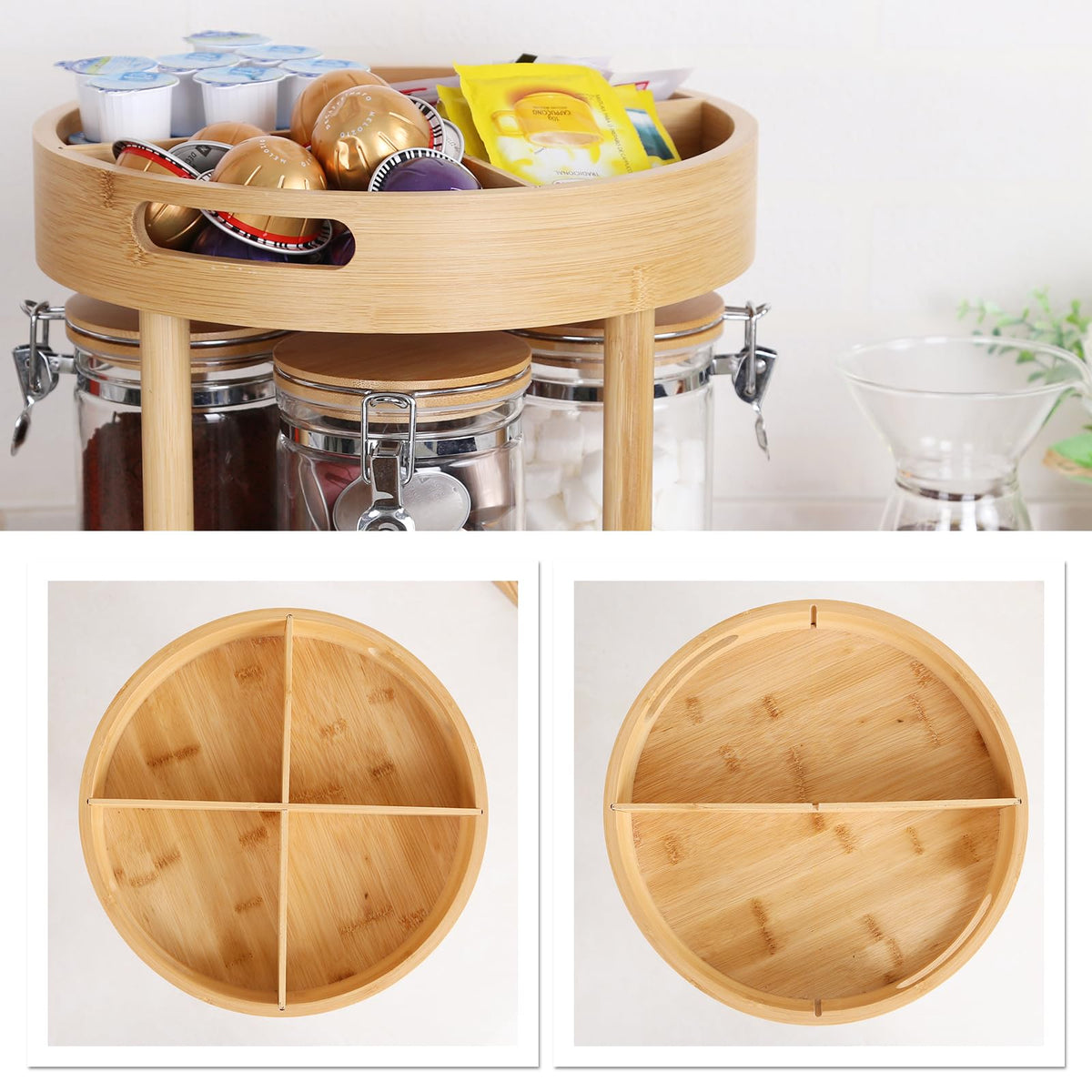 KKC 360° Rotating Tea Bar Organizer with 4 Glass Tea Storage Jars & Bamboo Lazy Susan