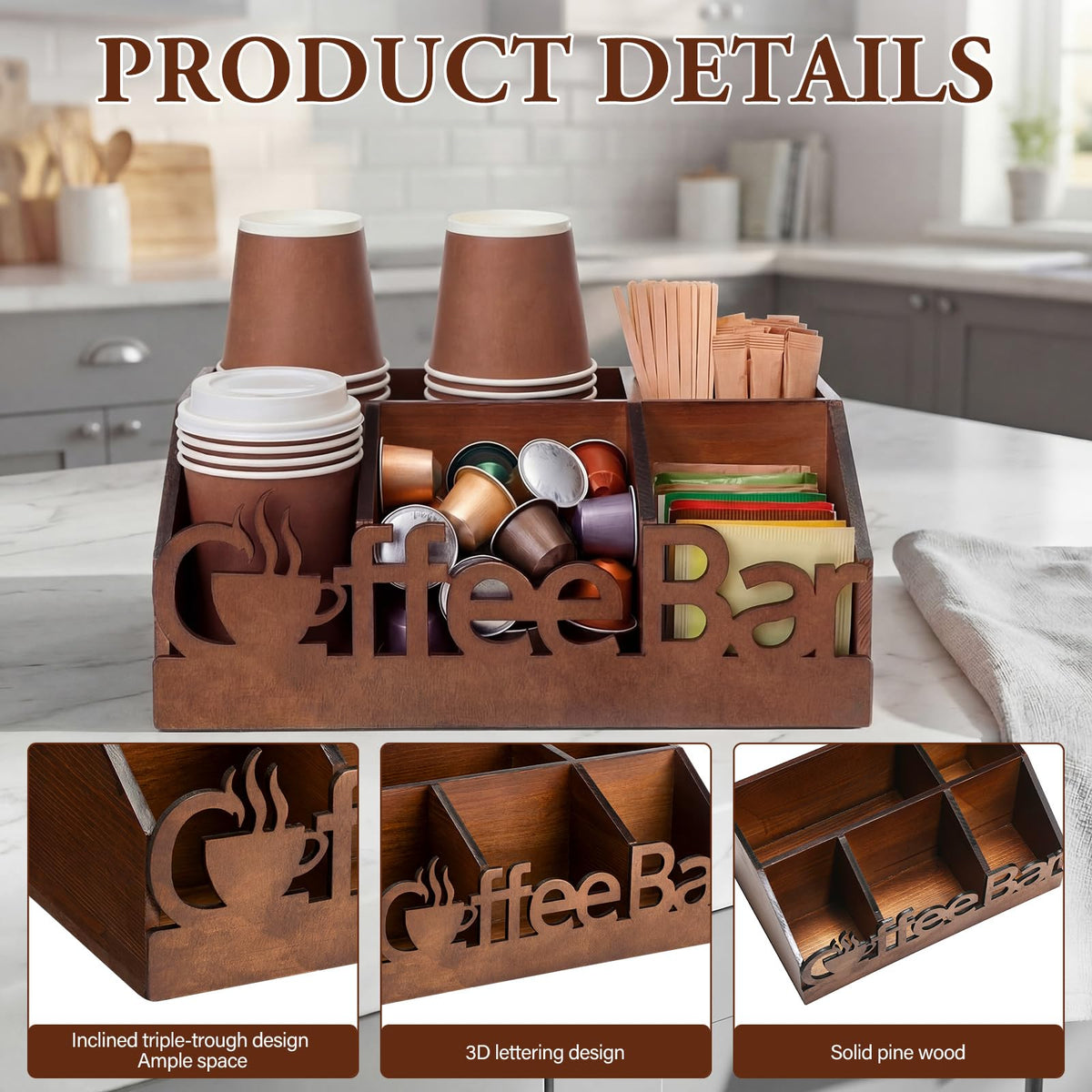 Coffee Station Organizer for Counter Wood Countertop Accessories Organizer Coffee Pods Holder Storage Basket for Pods Condiment Syrup Tea Cups Stirrers for Rustic Bar Decoration