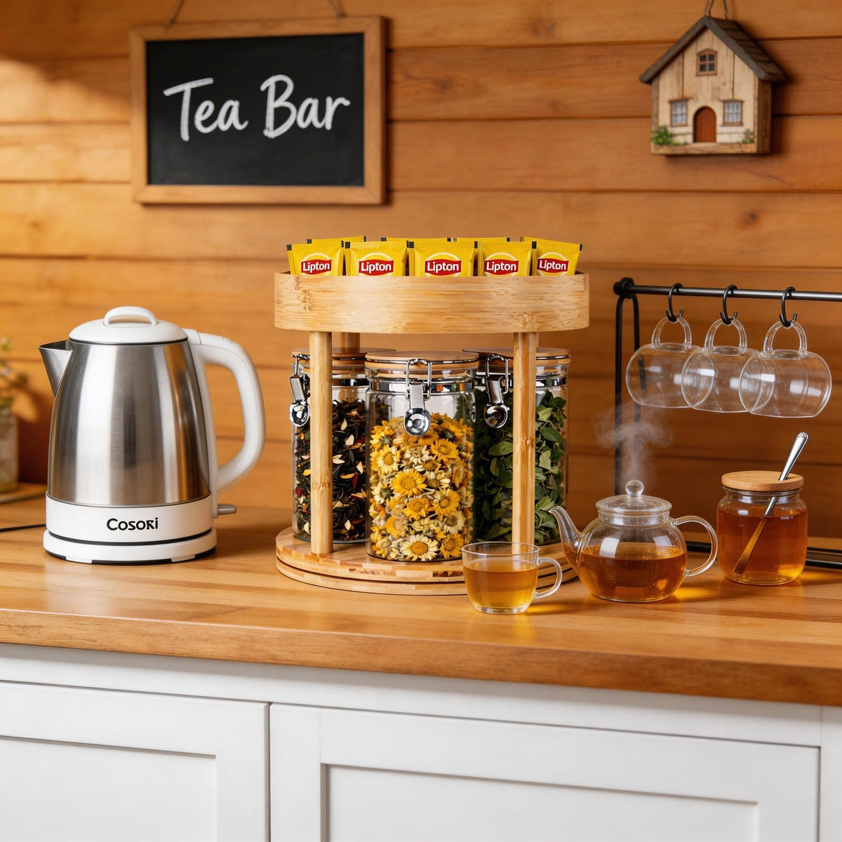 KKC 360° Rotating Tea Bar Organizer with 4 Glass Tea Storage Jars & Bamboo Lazy Susan