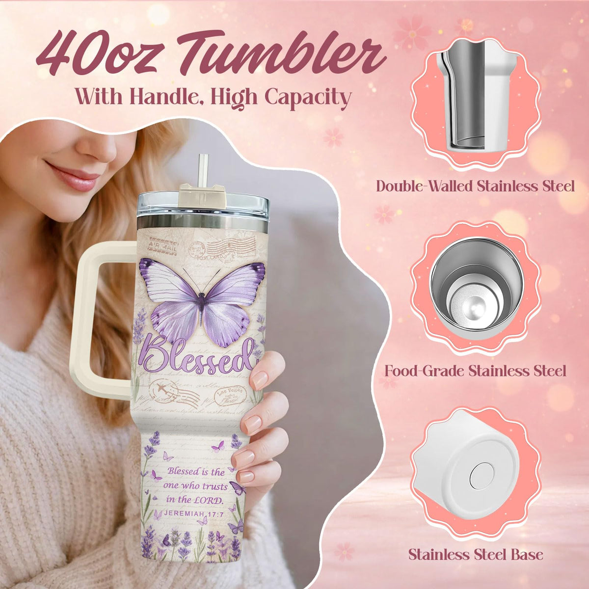 Purple Butterfly Chritian Bible 40 oz Tumbler with Handle