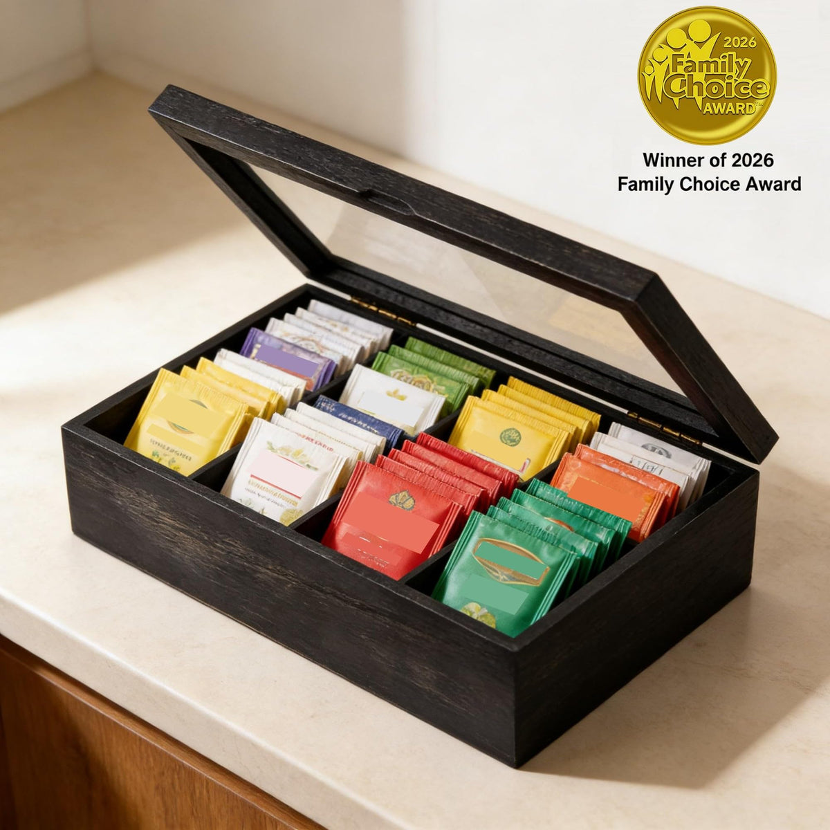 Wooden Tea Box with Lid & 8