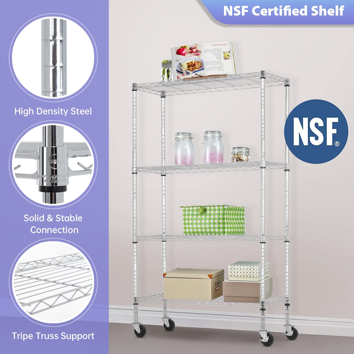 4 Tier Wire Shelving Storage Shelves Adjustable NSF Wire Shelf Heavy Duty Storage Shelving Unit on 3” Wheel Casters Commercial Metal Wire Rack 36L x 14W x 62H (4 Count)