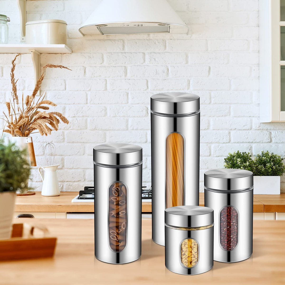 8 Pcs Kitchen Canister Set Stainless Steel Nested Canister Storage Set with Glass Window Airtight Lid Coffee Sugar Tea Storage Jars for Flour Pasta Cookies Spices Grains