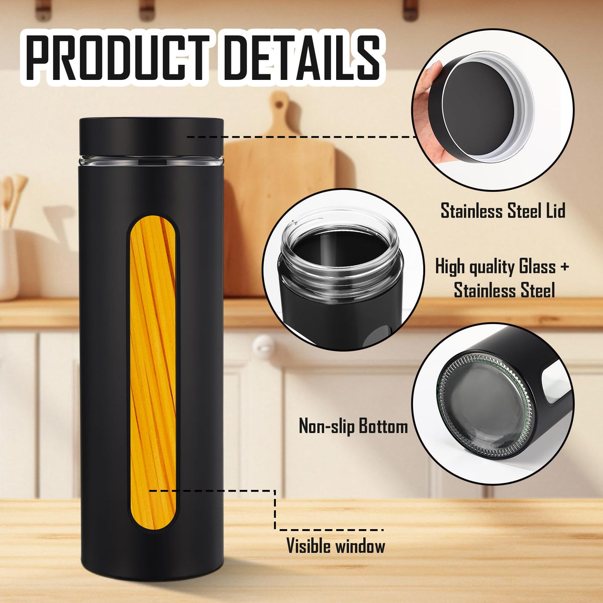 6 Pack Kitchen Canisters Set Airtight Stainless Steel Canister Food Storage Container with Window Glass (6 Count)