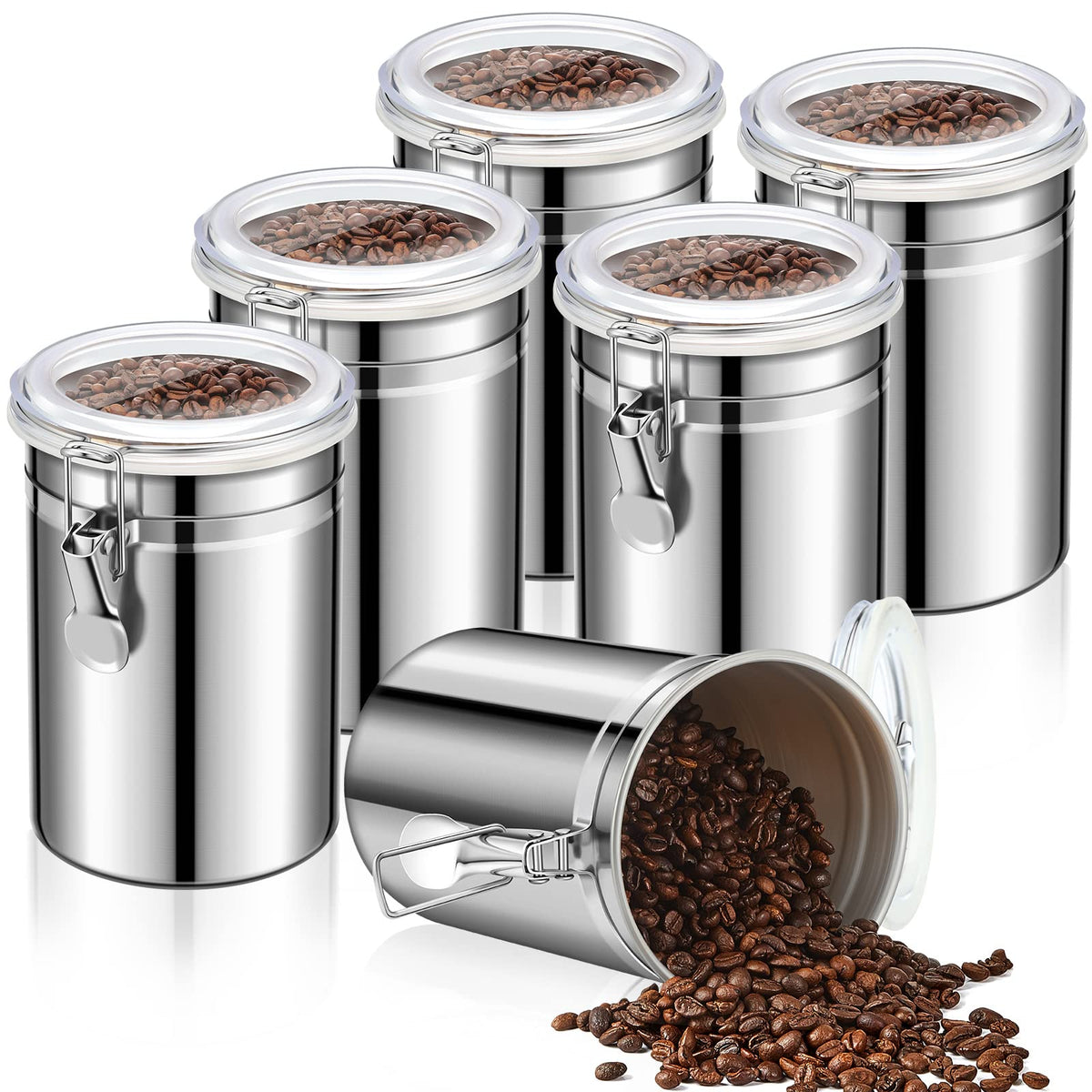6 Pcs Stainless Steel Kitchen Canister 62 fl oz with Airtight Clear Clamp Lid (6 Count)