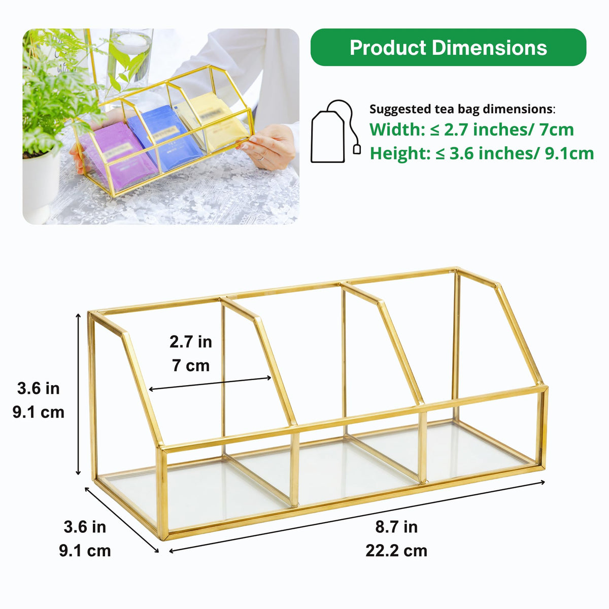 Glass Tea Bags Organizer with 3 Slots