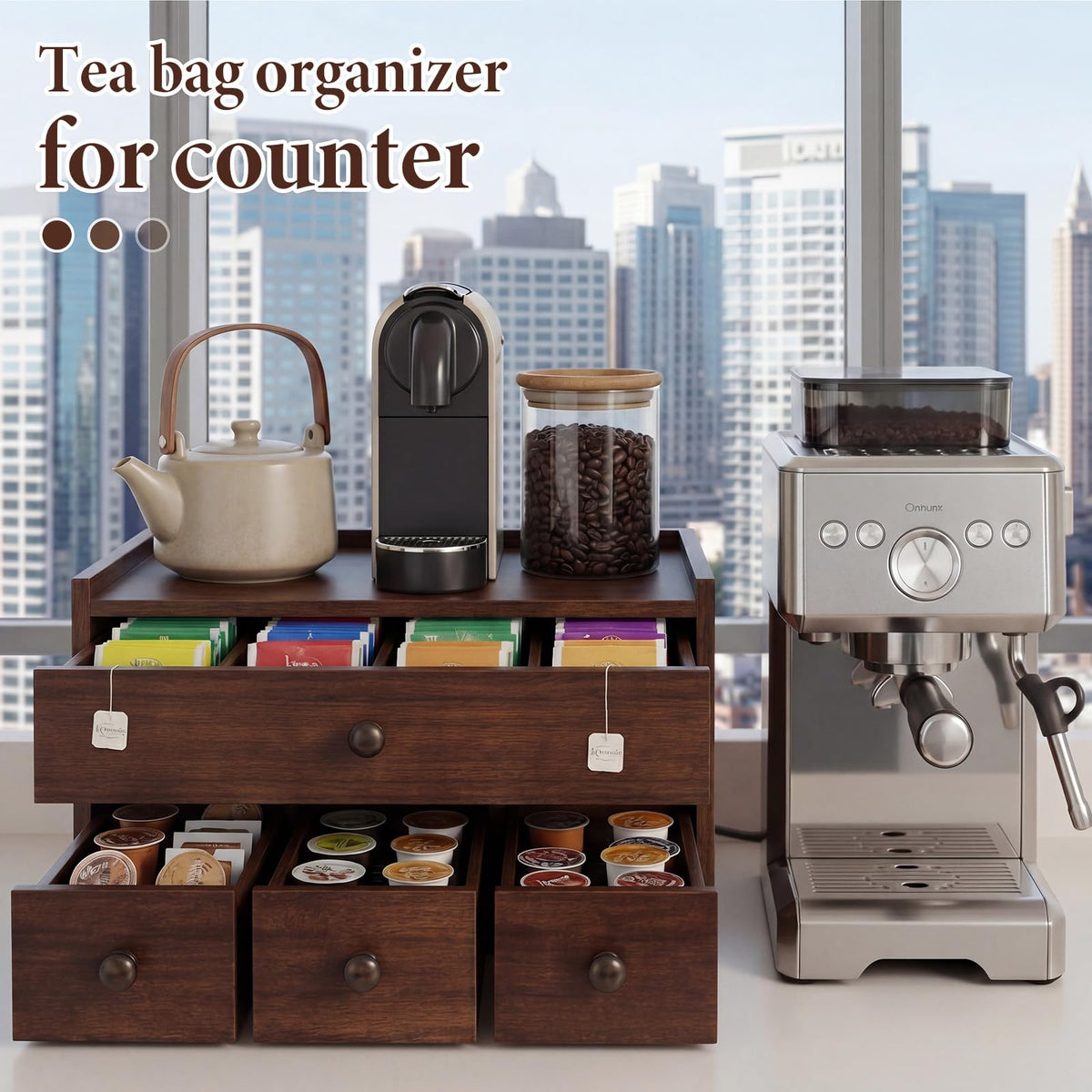 Wooden Tea Box Organizer with Drawer Wooden Coffee Pod Organizer Tea and Coffee Storage Box Double Layer for Countertop Display Cup Drawer Storage Under Brewer