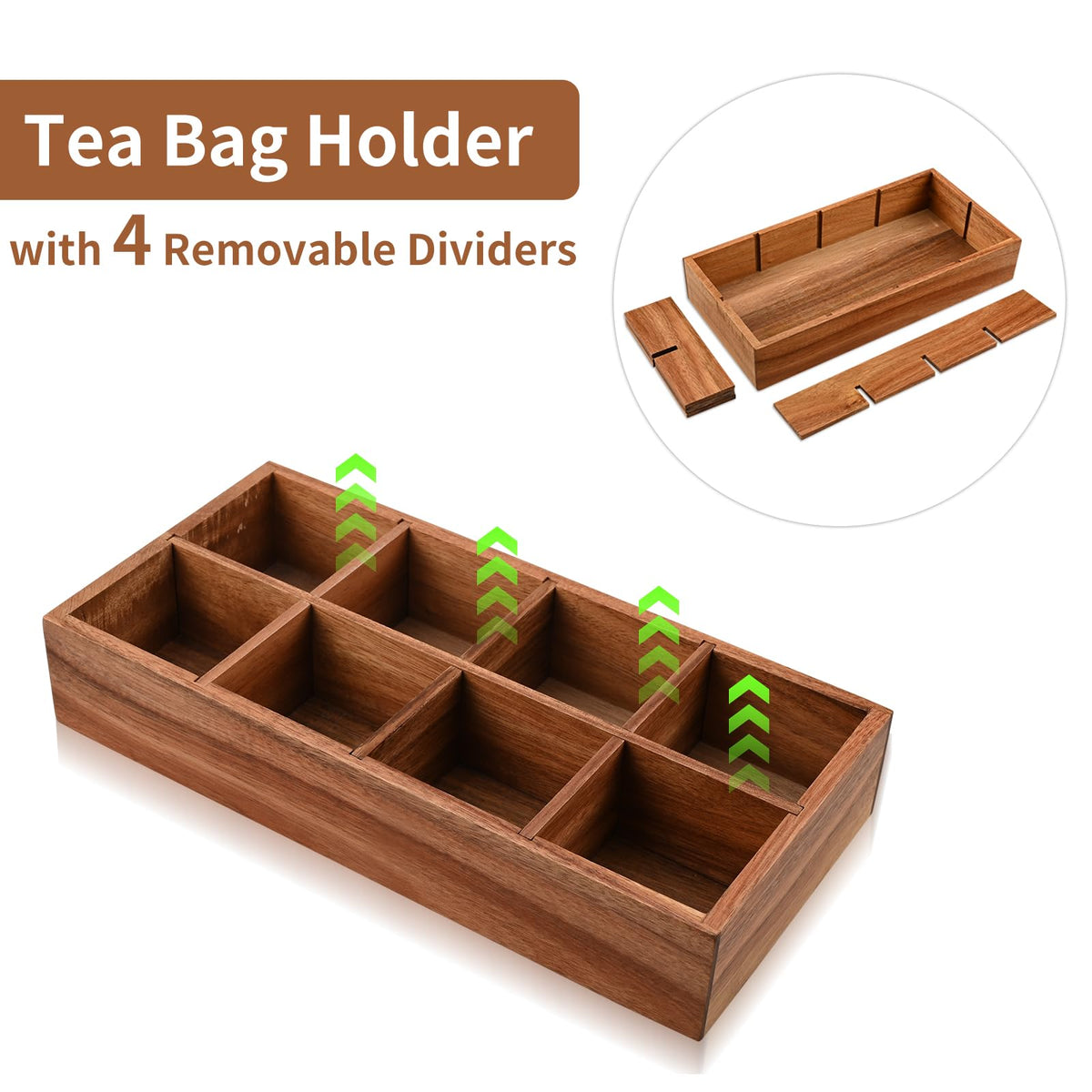 Acacia Wood Tea Bag Organizer with 8 Slots
