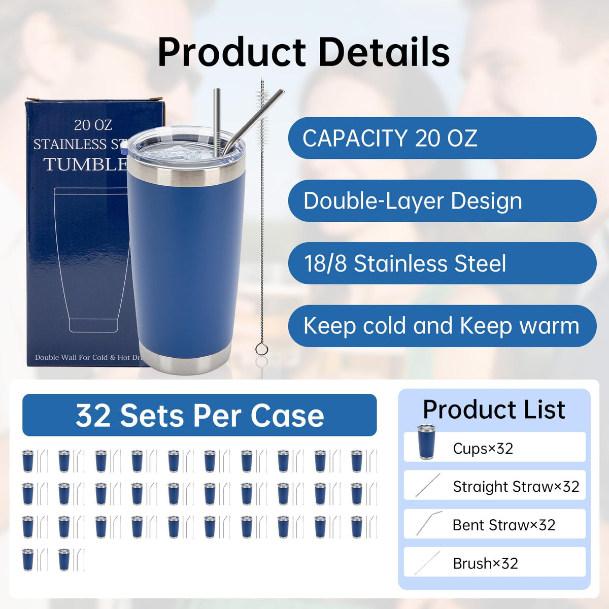 32 Pack 20oz Stainless Steel Insulated Bulk Tumblers with Lid&Straw (32 Count)