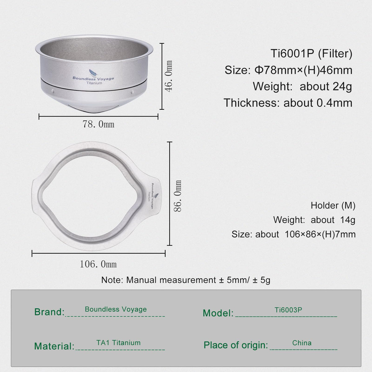 Reusable Titanium Coffee Filter & Holder 100