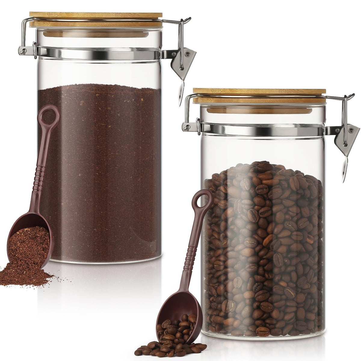 2 Pack 40.5oz Coffee Bean Storage Container with Airtight Bamboo Lids Glass Airtight Coffee Canister with Scoop Storage Container for Grounds Tea Cereal Sugar (2 Count)