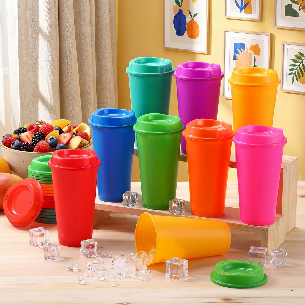 45 Pack 16 oz Reusable Coffee Cups with Lids Water Bottle Iced Coffee Travel Mug Reusable Portable Plastic Tea Tumblers Bulk for Hot and Cold Drinks Birthdays Party (45 Count)