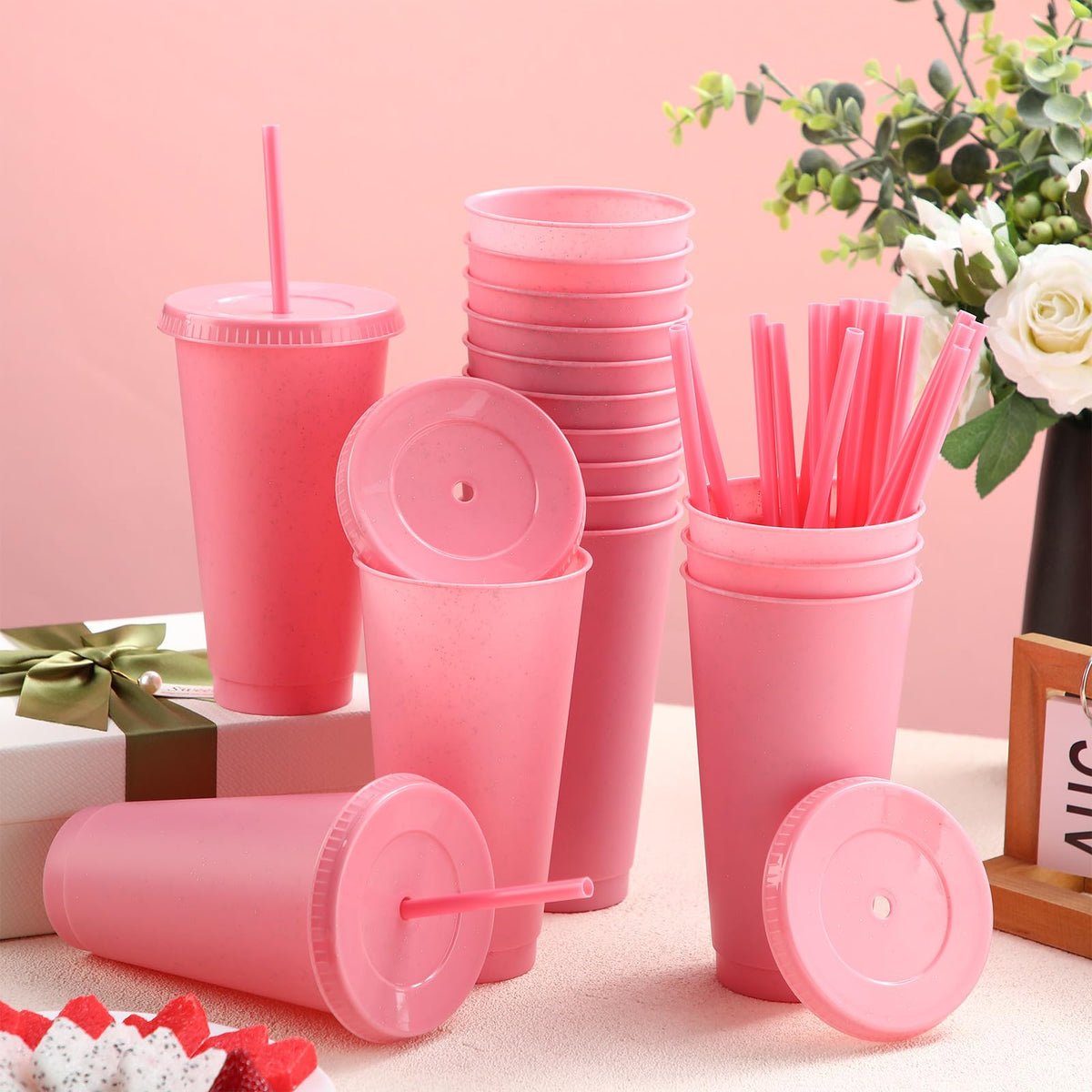 60 Pack Tumbler with Straw and Lid Bulk Cups for Gifts Glitter Plastic Coffee Cups 24 (60 Count)