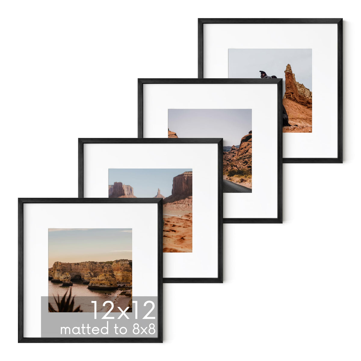 12x12 Black Metal Picture Frames Matted to 8x8